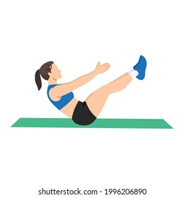 Woman doing abdominal workout with v-ups exercise exercise. Flat vector illustration isolated on white background