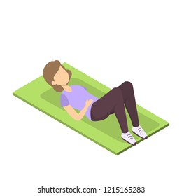 Woman doing ABS exercise for athletic body. Idea of fitness and sport. Active and healthy lfestyle. Isolated vector isometric illustration