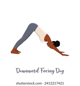 Woman doing Adho Mukha Schwanasana or Downward-facing dog Pose. Hatha yoga. Demonstrating exercise during gymnastics training. Flat vector illustration isolated on white background
