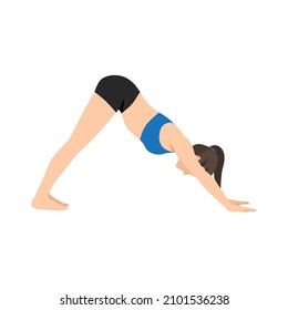 Woman doing Adho mukha svanasana or downward facing dog yoga pose,vector illustration in trendy style