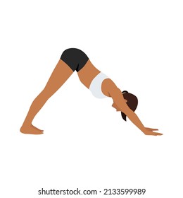 Woman doing Adho mukha svanasana or downward facing dog yoga pose,vector illustration in trendy style