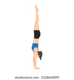 Woman doing Adho Mukha vrksasana or handstand pose yoga exercise. Flat vector illustration isolated on white background