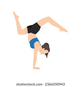 Mujer haciendo ejercicio de Adho Mukha Vrksasana, mirando hacia abajo la pose del árbol. Ilustración vectorial plana aislada en fondo blanco