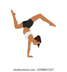 Woman doing Adho Mukha Vrksasana exercise, Downward facing Tree pose. Flat vector illustration isolated on white background