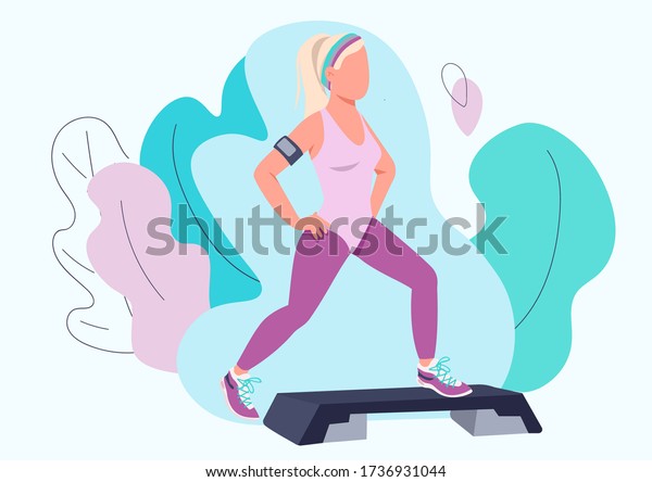 Woman doing aerobic exercise flat color vector\
faceless character. Step up class trainer. Sportswoman working out\
isolated cartoon illustration for web graphic design and animation.\
Fitness exercise
