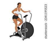 Woman doing air bike training or assault bike cardio exercise. Flat vector illustration isolated on white background
