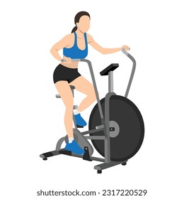 Woman doing air bike training or assault bike cardio exercise. Flat vector illustration isolated on white background