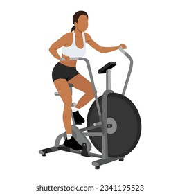 Mujer entrenando en bicicleta aérea o haciendo ejercicio cardiovascular en bicicleta de asalto. Ilustración vectorial plana aislada en fondo blanco