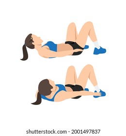 Woman doing Alternate heel touches. lying oblique reach exercise. Flat vector illustration isolated on white background