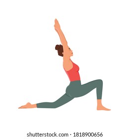 Woman doing anjaneyasana pose. Yogi female practicing Young moon position, training in low lunge posture. Flat vector illustration isolated on white background