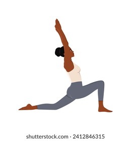 Woman doing anjaneyasana pose. Yogi female practicing Young moon position, training in low lunge posture. Flat vector illustration isolated on white background