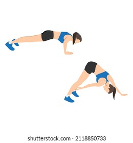 Woman doing Ankle tap push ups exercise. Flat vector illustration isolated on white background