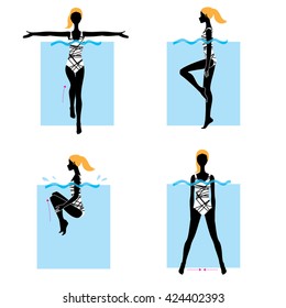 A woman doing aqua exercises. Water aerobic workout set. vector illustration