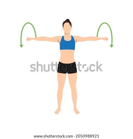 Woman doing Arm circles exercise. Flat vector illustration isolated on white background