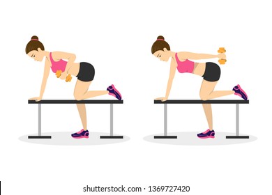 Woman doing arm workout. Exercise for tricep and bicep. Fitness in the gym. Healthy and active lifestyle. Isolated vector illustration in cartoon style