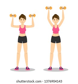 Woman doing arm workout. Exercise for tricep and bicep. Fitness in the gym. Healthy and active lifestyle. Isolated vector illustration in cartoon style