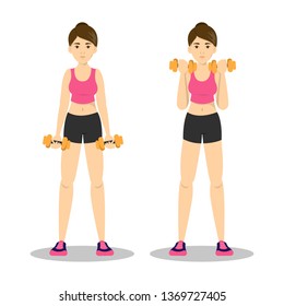 Woman doing arm workout using dumbbell. Exercise for tricep and bicep. Fitness in the gym. Healthy and active lifestyle. Isolated vector illustration in cartoon style