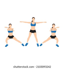 Woman doing Arms cross side lunge exercise. Flat vector illustration isolated on white background