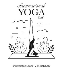 Woman doing asana International Yoga Day card. Female in Yoga headstand pose. Yoga body posture exercise on yoga mat. Healthy lifestyle concept for poster template design.