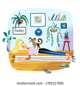 Woman doing asana yoga plank. Young girl takes care of her body, relaxes and rests. Living room interior design, cozy decor. Vector character illustration of girl daily life routine at home scene