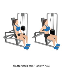 Woman doing Assisted Machine seated tricep dips exercise. Flat vector illustration isolated on white background