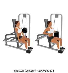 Woman doing Assisted Machine seated tricep dips exercise. Flat vector illustration isolated on white background