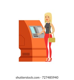 Woman doing ATM machine money deposit or withdrawal vector Illustration