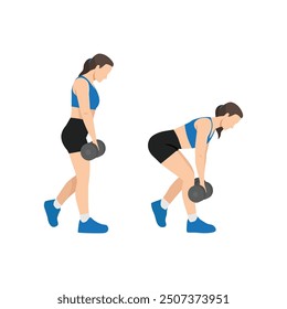 Woman doing b stance Romanian deadlift with dumbbell for glute exercise. Flat vector illustration isolated on white background