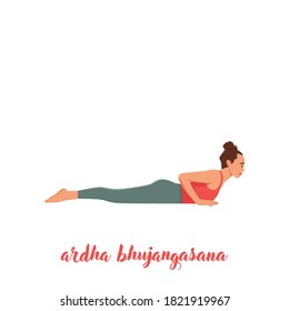 Woman doing Baby Cobra or Ardha Bhujangasana Yoga pose exercise. Flat vector illustration isolated on white background