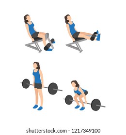 Woman doing back deadlift with barbell and leg extensions flat vector illustration