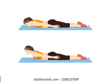 Woman doing The back extension exercise in 2 step. Illustration about strengthens back muscles with Pilates workout.