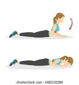 Woman doing back extension exercise. Back stretch in the gym. Fitness and healthy lifestyle. No equipment workout for flexible body. Cool down cobra exercise. Isolated vector cartoon illustration