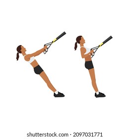 Woman doing back rows exercise with suspension strap. Flat vector illustration isolated on white background