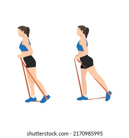 Woman doing backward glute raises with long resistance band exercise. Flat vector illustration isolated on white background