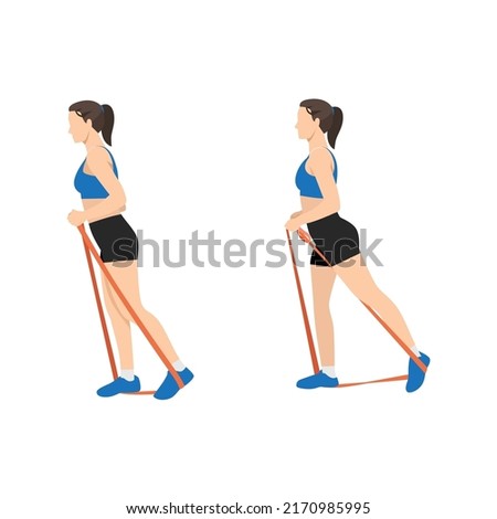 Woman doing backward glute raises with long resistance band exercise. Flat vector illustration isolated on white background