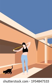 A woman doing band exercises outdoor - a concept illustration of healthy lifestyle, workout