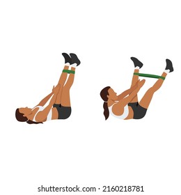 Woman doing Band leg abduction crunch exercise. Flat vector illustration isolated on white background