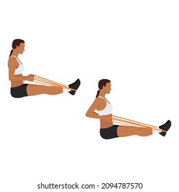 Woman Doing Band Seated Row Exercise. Flat Vector Illustration Isolated On White Background