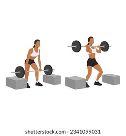 Woman doing barbell cleans or box cleans or block cleans exercise. Flat vector illustration isolated on white background