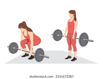 Woman doing barbell deadlifts exercise. flat vector illustration on white background