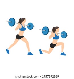 Woman doing Barbell lunges exercise. or split squat. Flat vector illustration isolated on white background