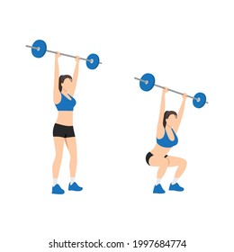 Woman Doing Barbell Overhead Press Exercise. Flat Vector Illustration Isolated On White Background