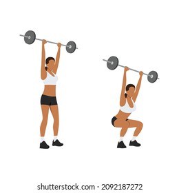 Woman Doing Barbell Overhead Press Exercise. Flat Vector Illustration Isolated On White Background