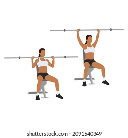 Woman doing Barbell shoulder press. overhead press exercise. Flat vector illustration isolated on white background