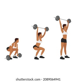 Woman doing barbell snatch exercise flat vector illustration isolated on white background