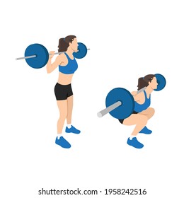 Woman doing barbell squat flat vector illustration isolated on white background