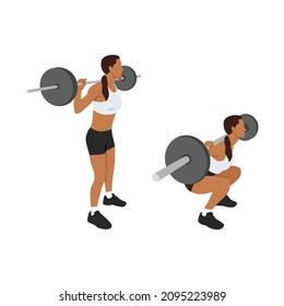 Woman doing barbell squat flat vector illustration isolated on white background