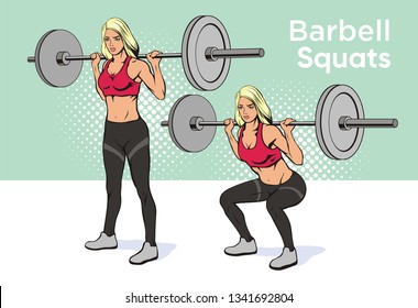 Woman doing barbell squats, vector retro pop art image