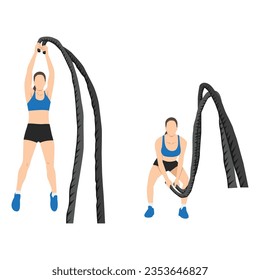 Woman doing battle rope double arm slams exercise. flat vector illustration isolated on white background