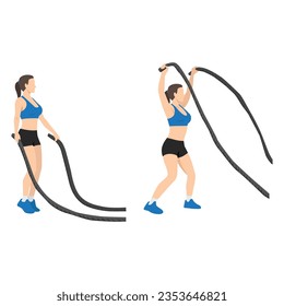 Mujer haciendo ejercicio de saltos de cuerda de batalla. Ilustración vectorial plana aislada en fondo blanco